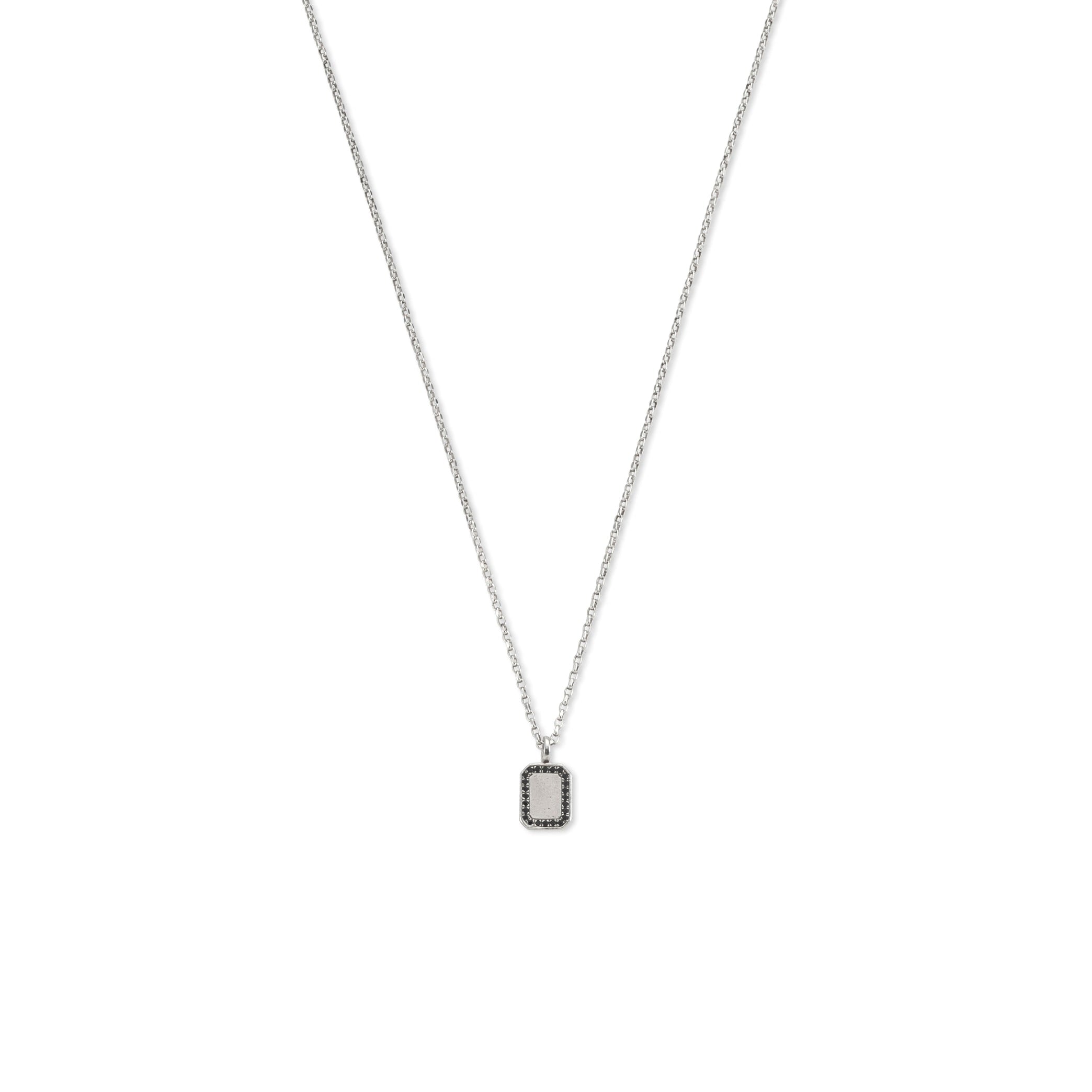 silver tag necklace with black stones
