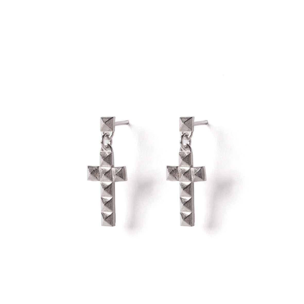 silver cross earrings. silver cross studs earrings. silver pyramid cross suds earrings.