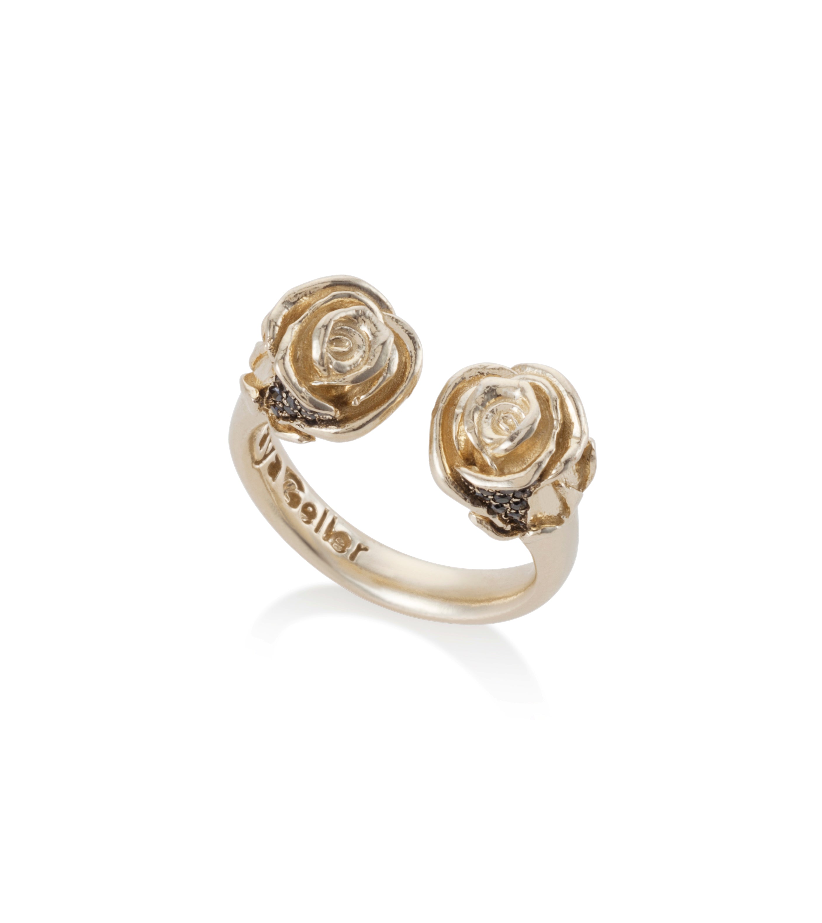 14k gold open ring roses black diamonds
