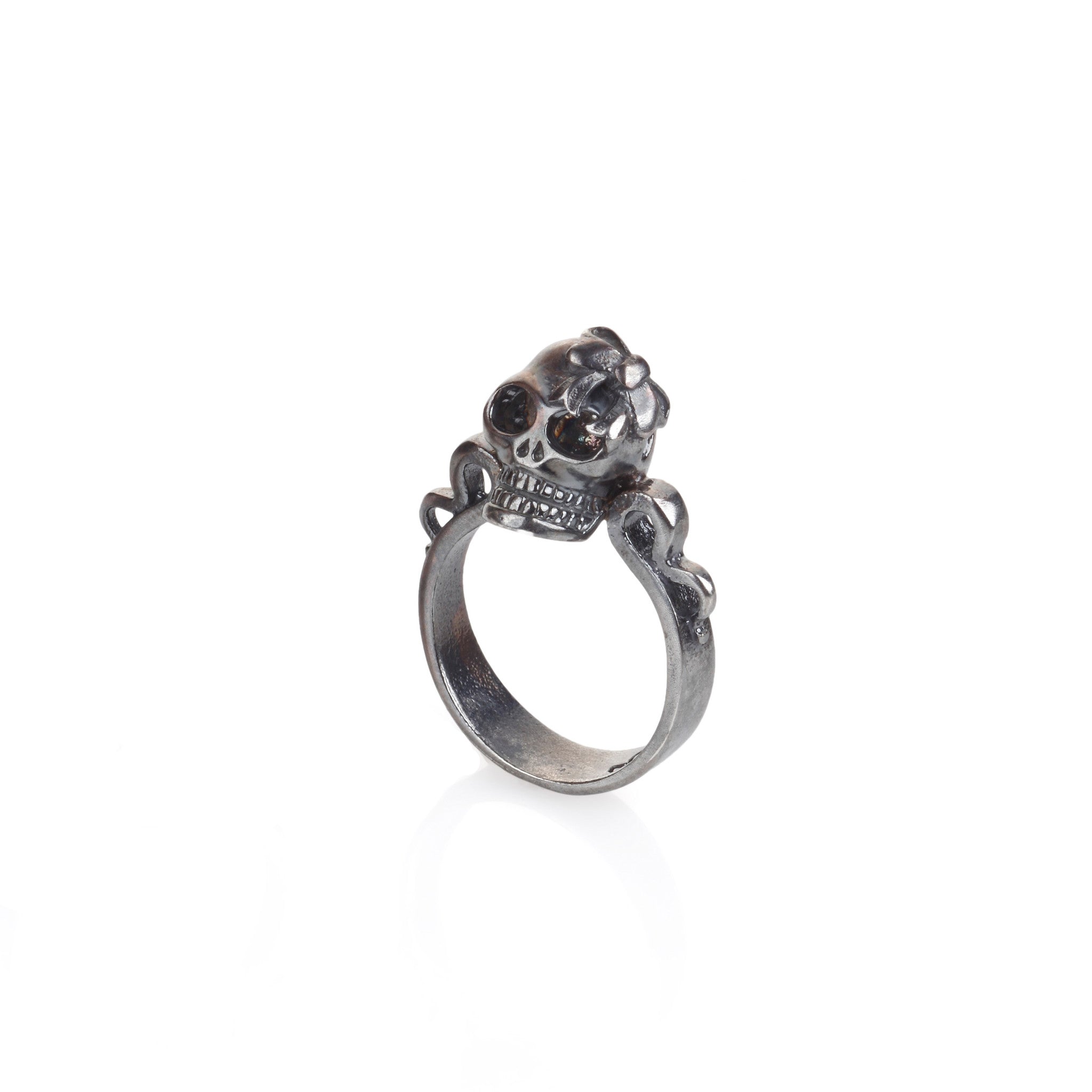 silver skull and bow solitaire ring