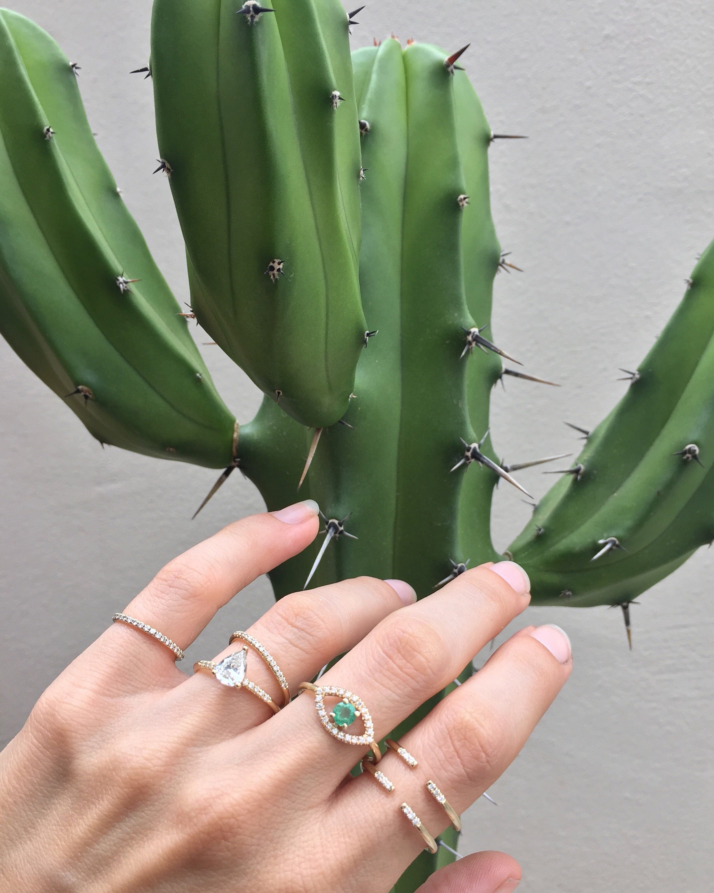 14k gold EYE ring with diamonds and emerald
