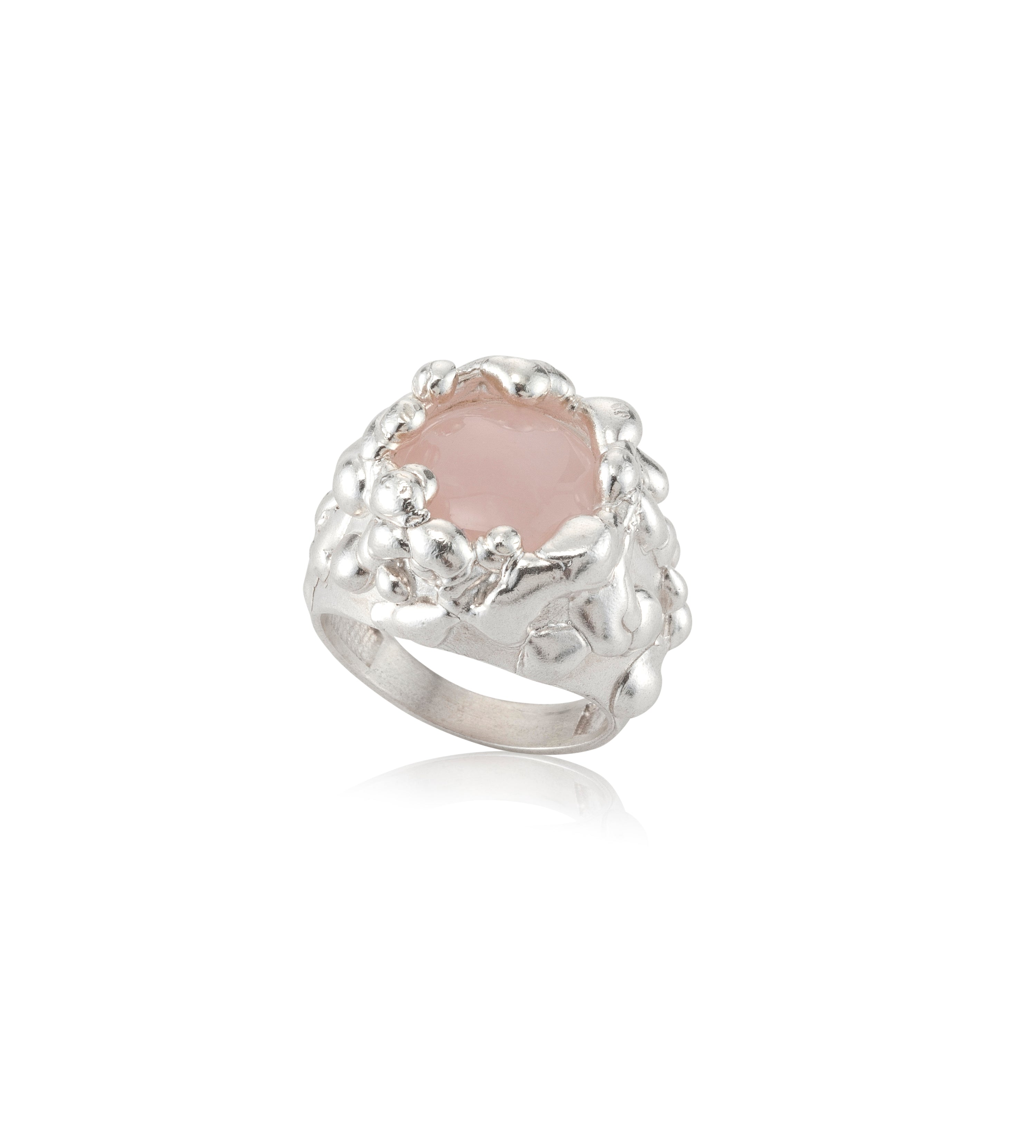 silver dripping signet ring with a pink rose quartz. Maya Geller