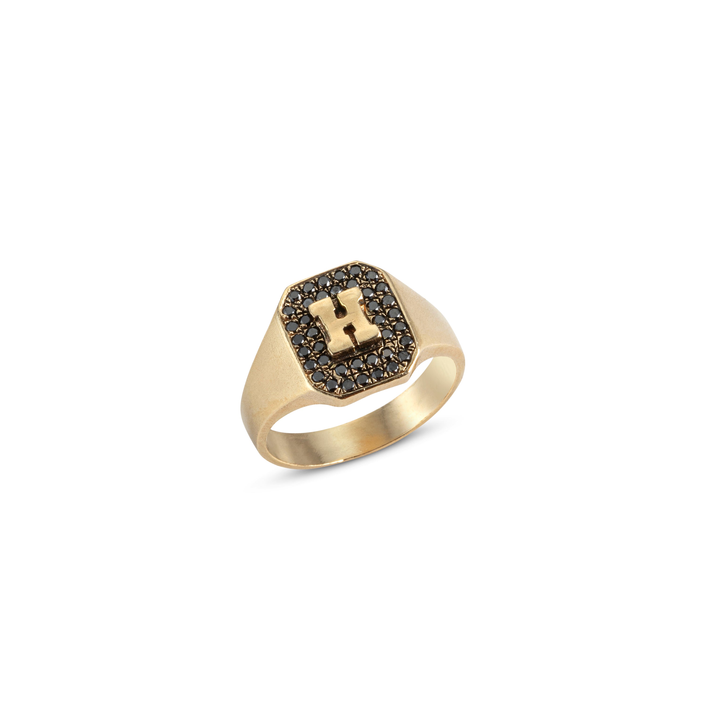 Gold ring with a central letter H and black diamonds 