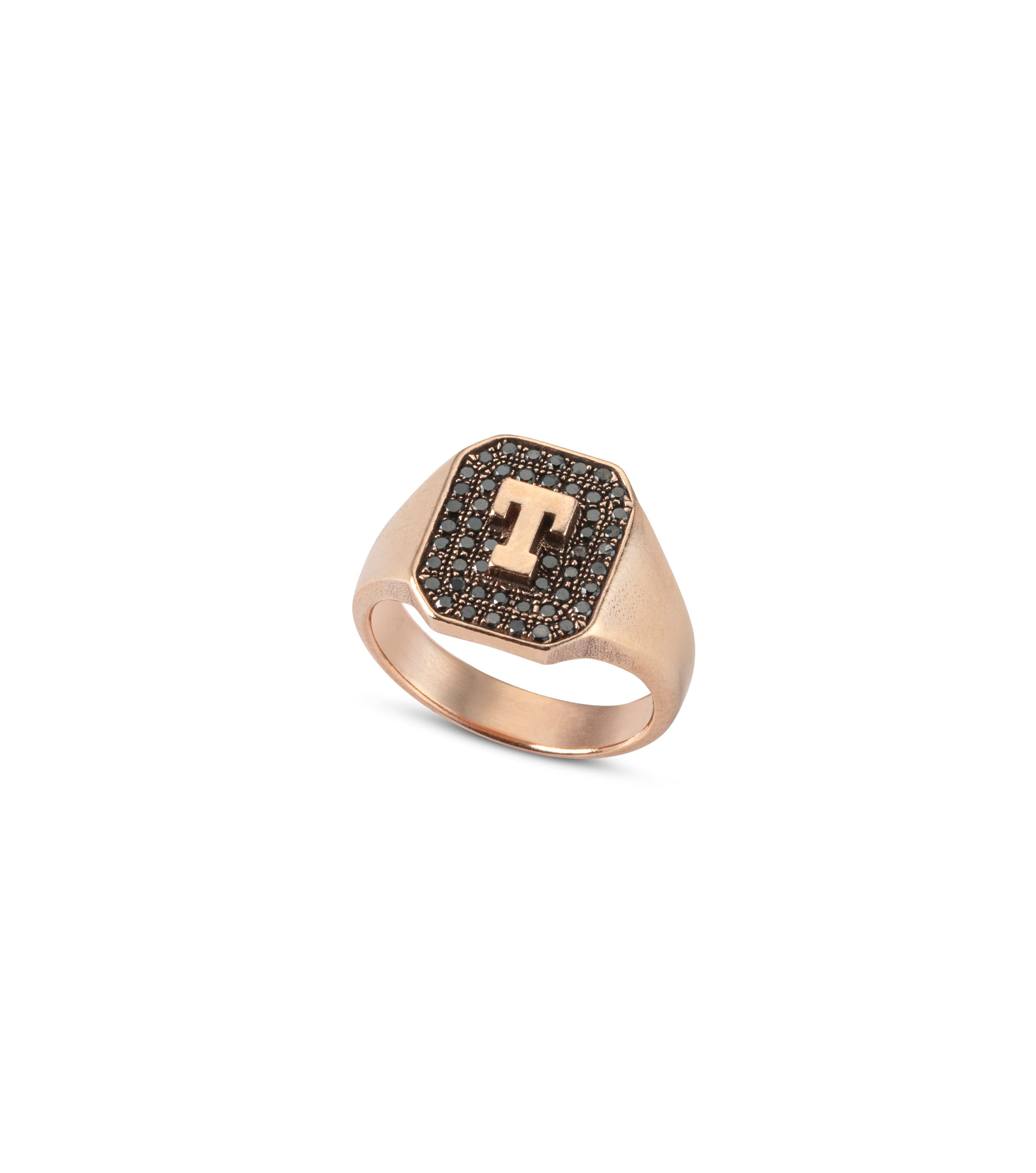 Rose gold ring with black diamondsstudded band and letter T
