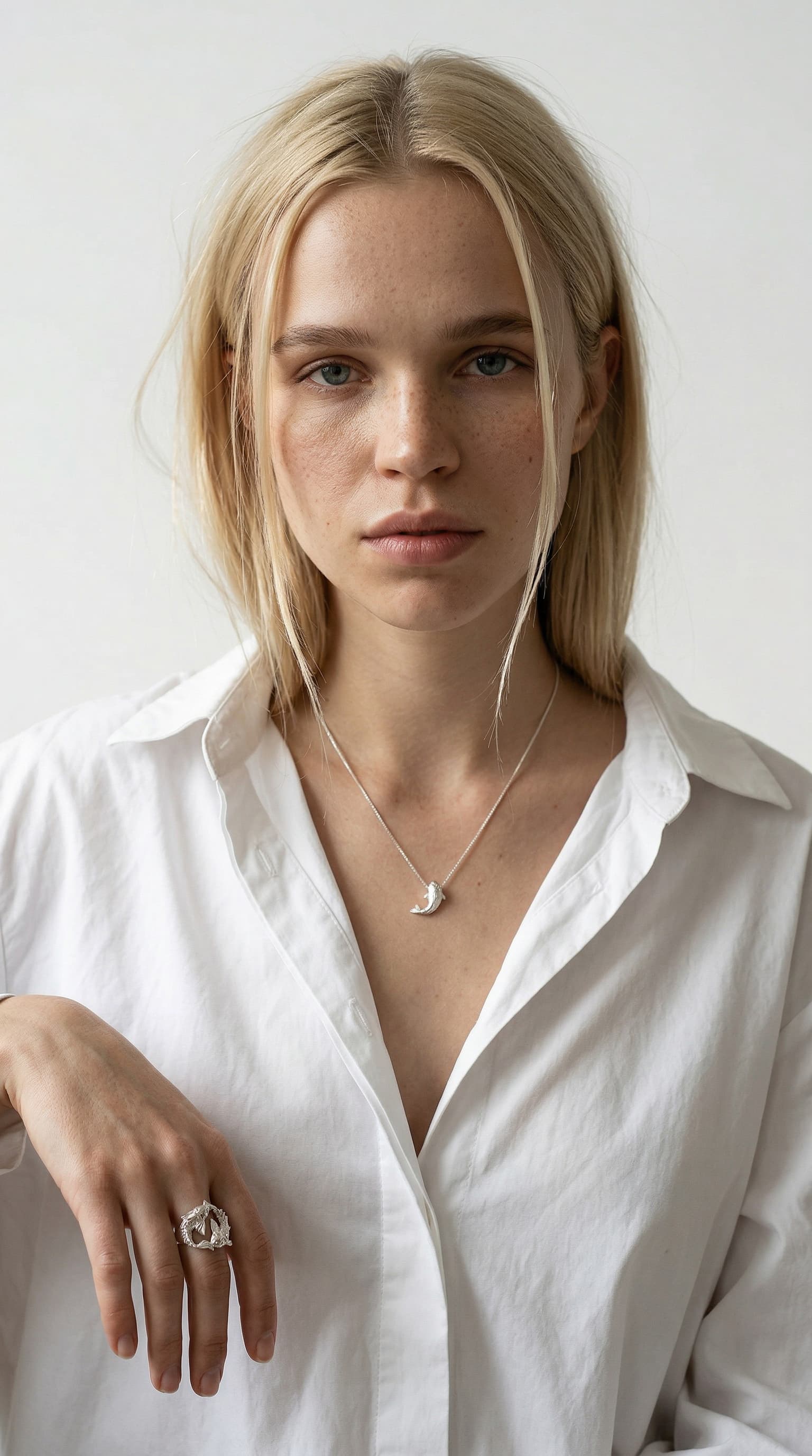 a model wearing silver koi fish necklace and koi fish ring by maya geller 