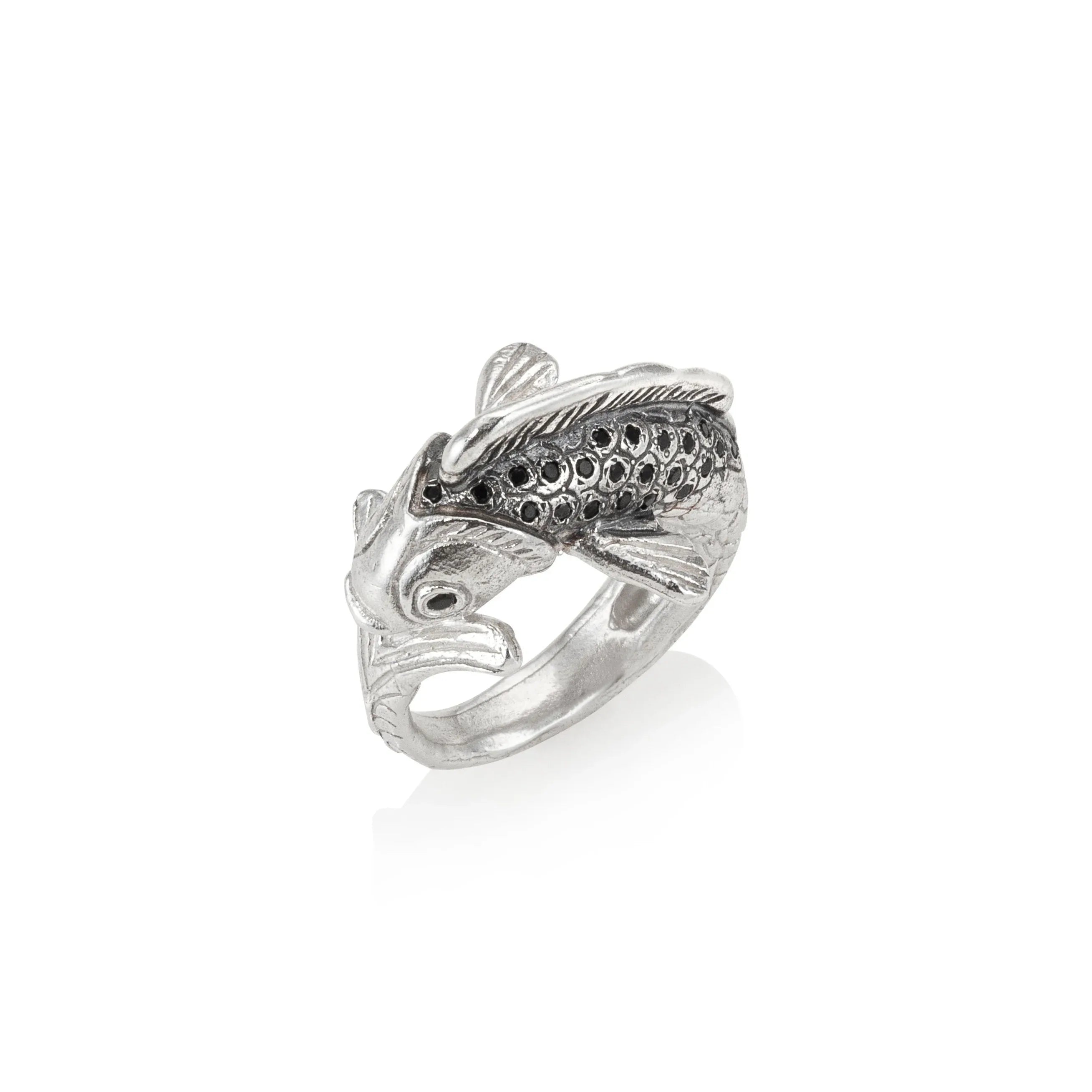 Koi Fish Ring Silver Black Stones - Maya Geller Jewelry