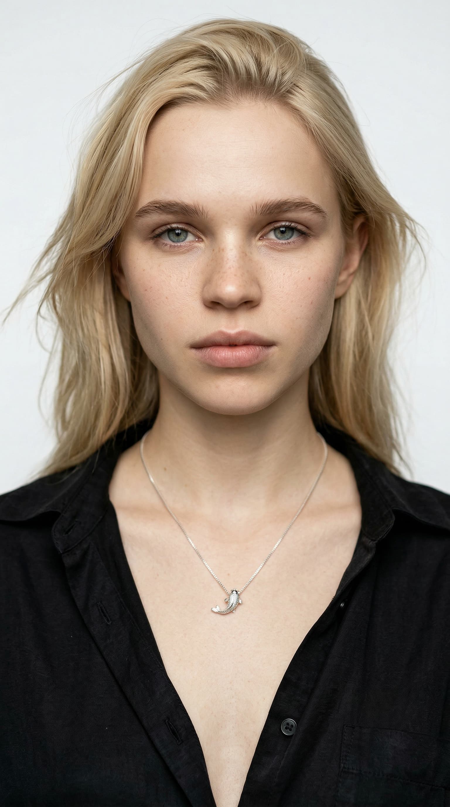 model is wearing silver small koi fish necklace - Maya Geller