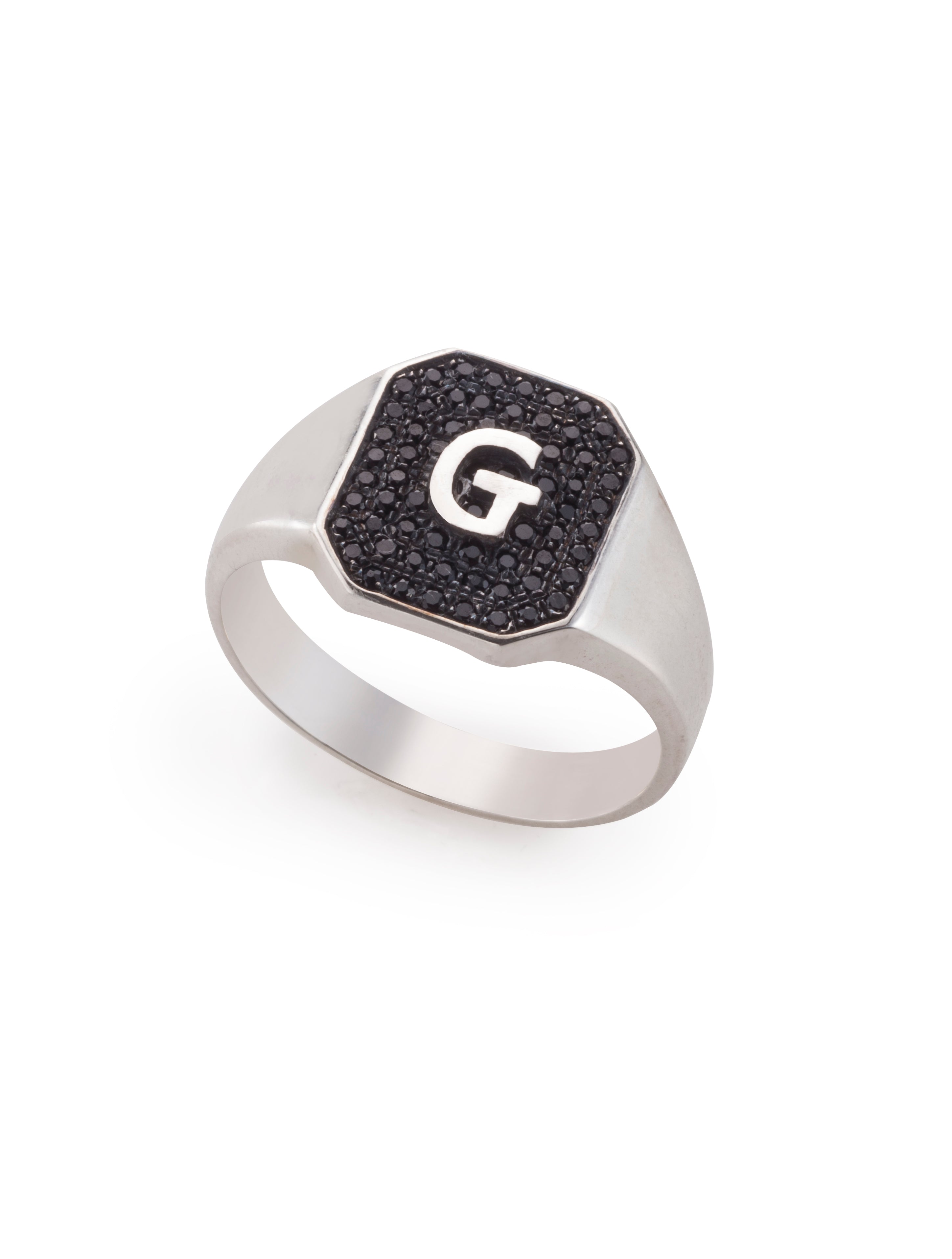 Silver signet ring with black stones with letter 'G' by maya geller
