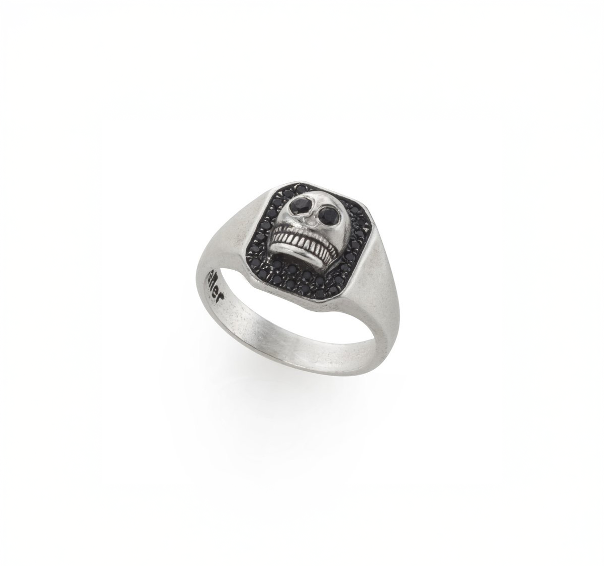 Silver Skull Signet Ring with Black Stones - Gothic Pinky Ring