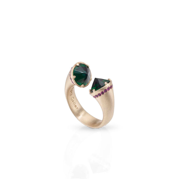 14k gold open ring with emerald and rubies