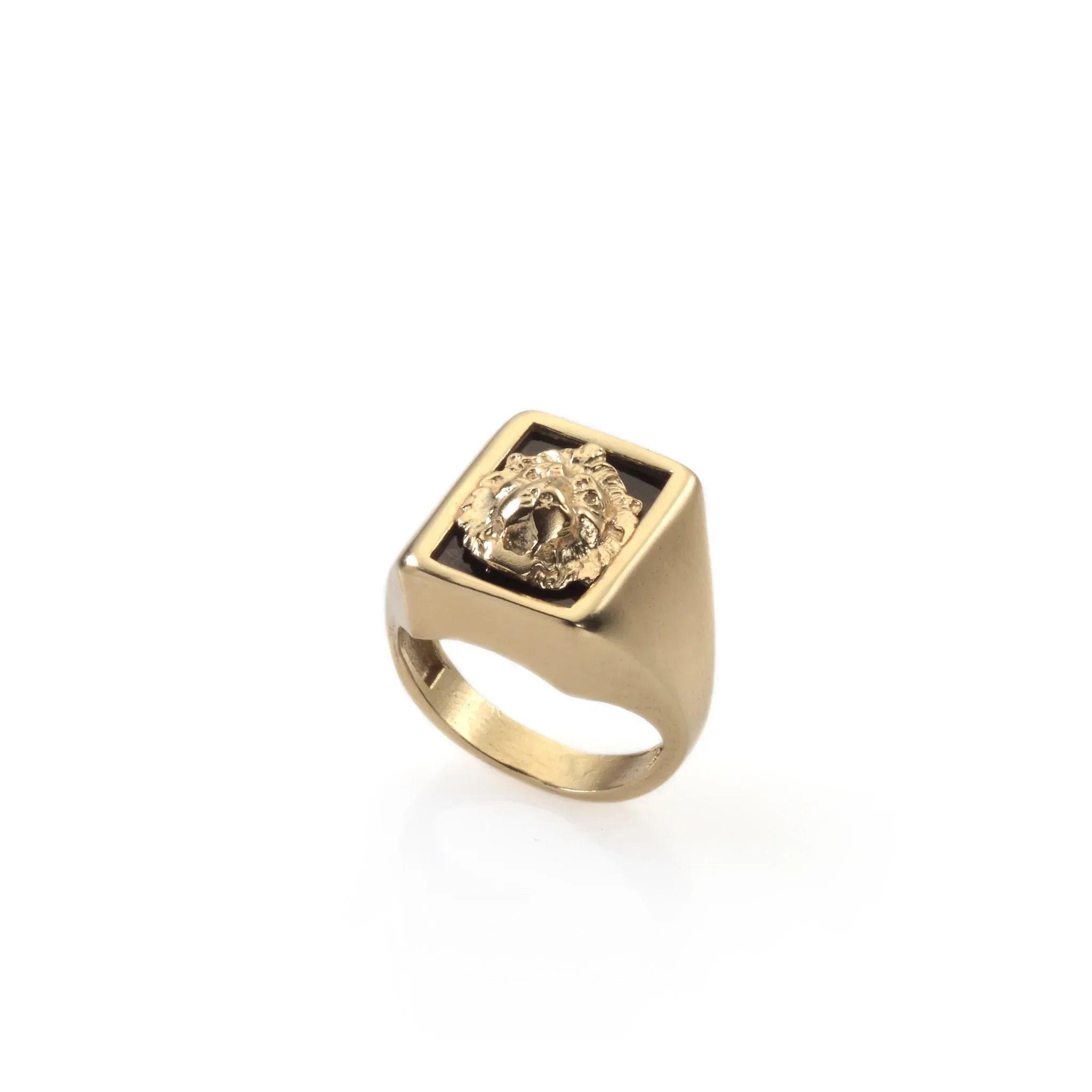 14k gold square signet ring with lion head design 