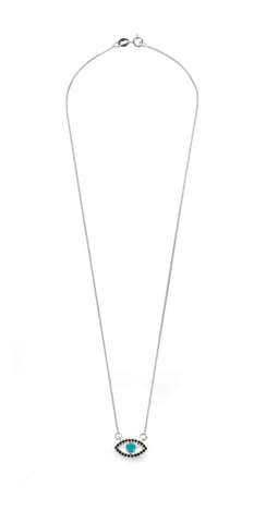 silver eye necklace with a blue stone