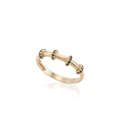 14k gold delicate ring with hoops set black diamonds