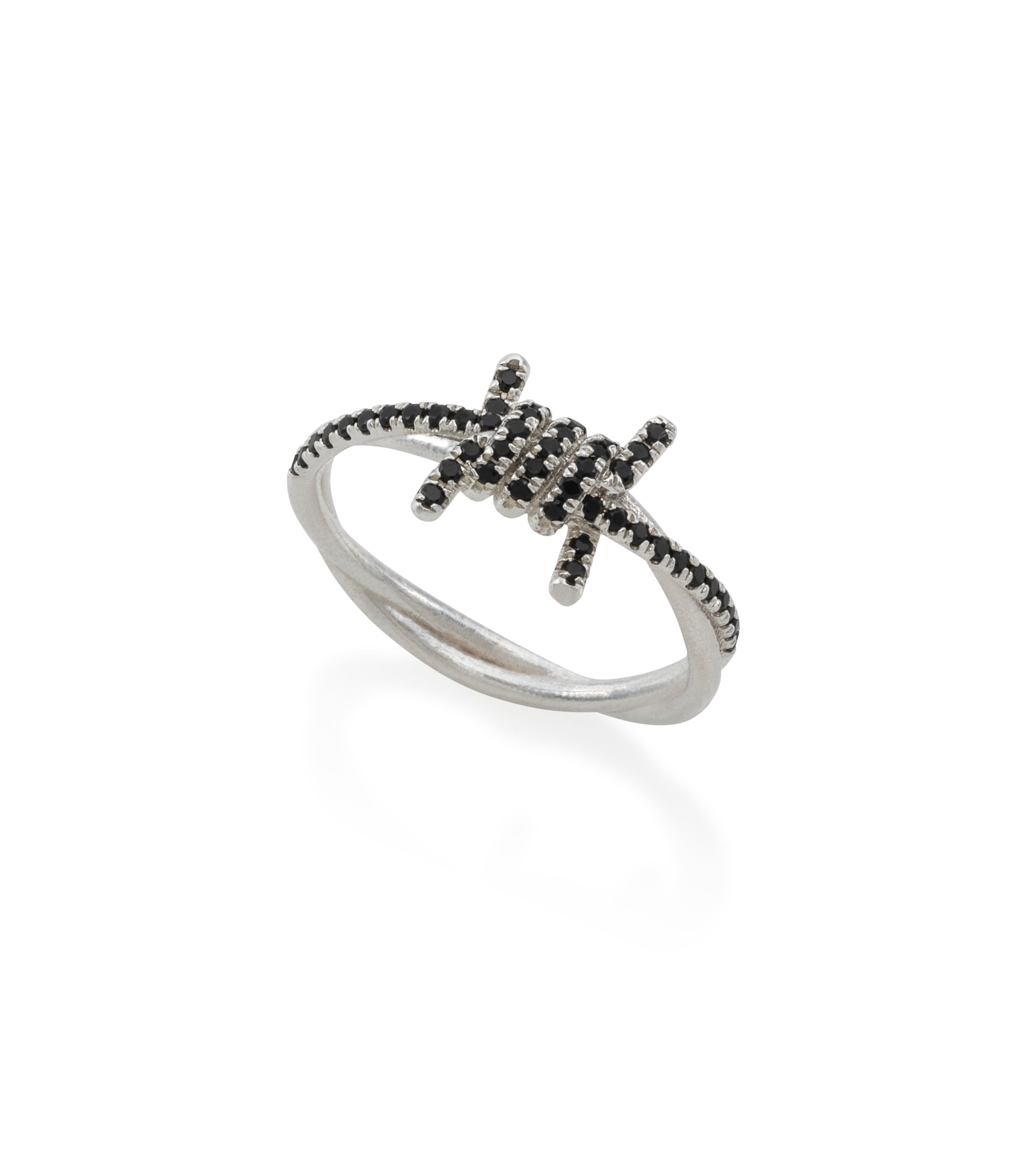 Small silver barbed wire ring with black stones