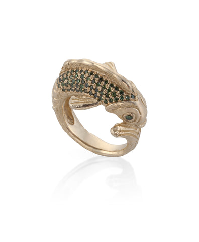 14K Gold KOI FISH RING W/ GREEN DIAMONDS