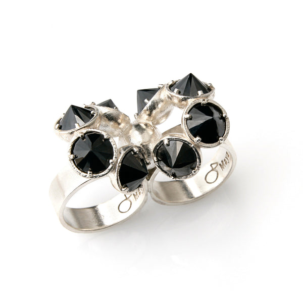 double silver ring with black stones