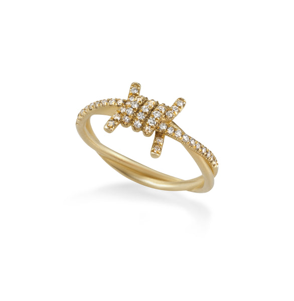 14k gold barbed wire ring with white diamonds