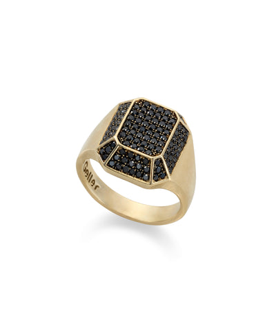 14k gold TOY signet ring with black diamonds