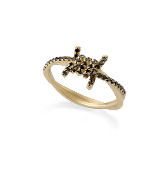 14k gold barbed wire ring with black diamonds