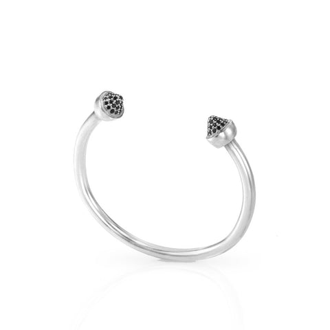 Massive open silver bracelet with small black stones