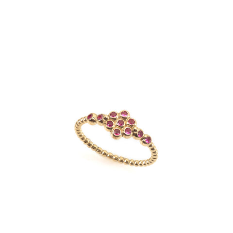 14k gold flower balls ring with rubies