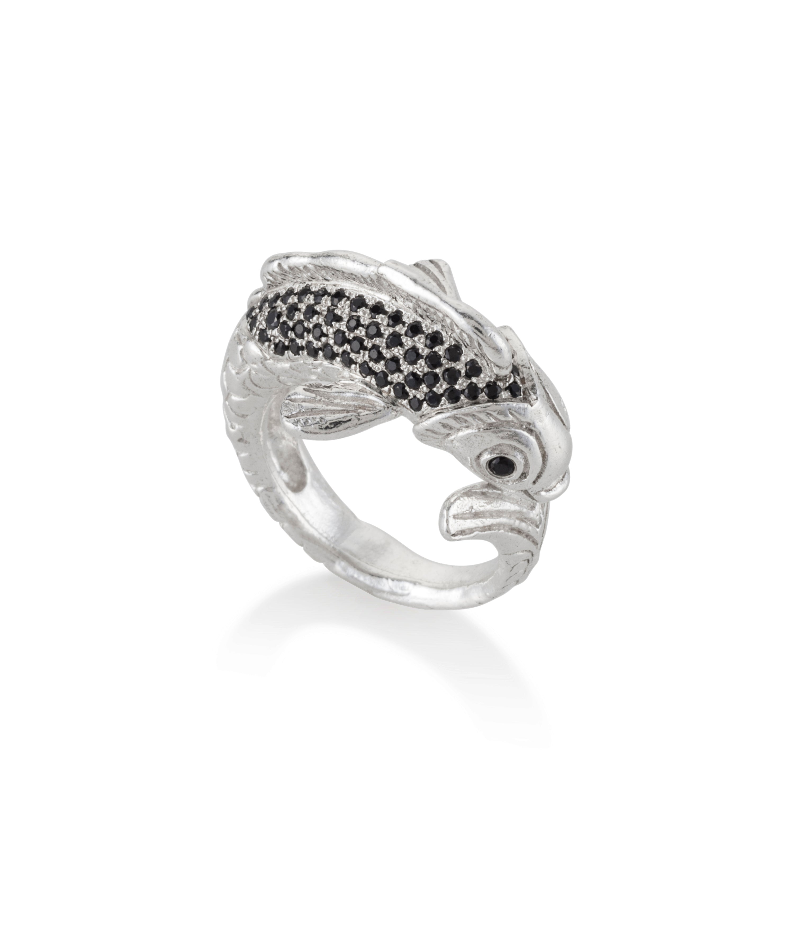 Silver Koi Fish ring with black stones