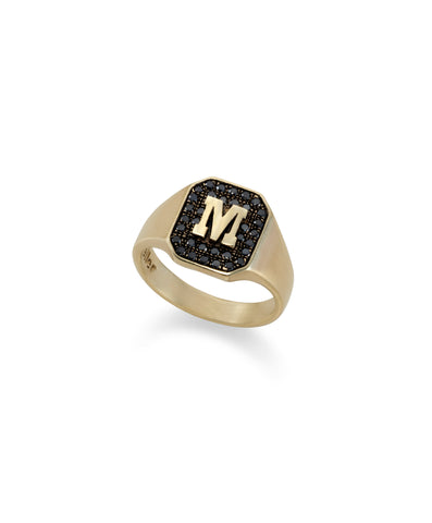 14k gold pinky ring with a letter and black diamonds