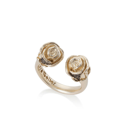 14k gold open roses ring with black diamonds