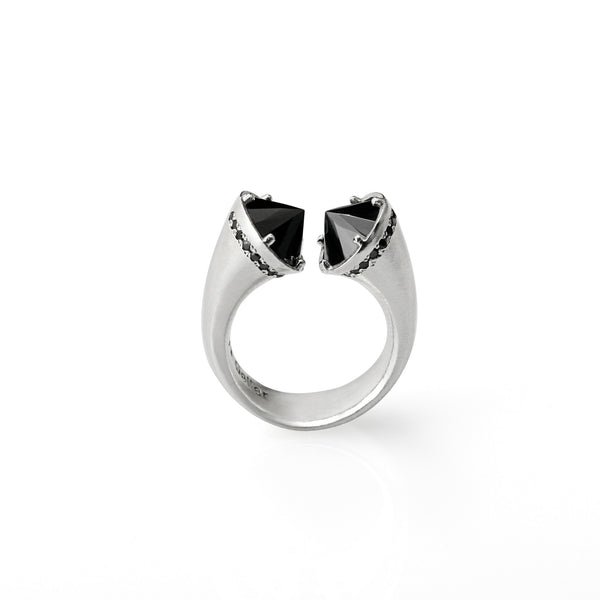open silver ring with black stones