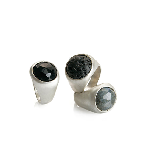 Silver signet ring with lava/onyx/labradorite