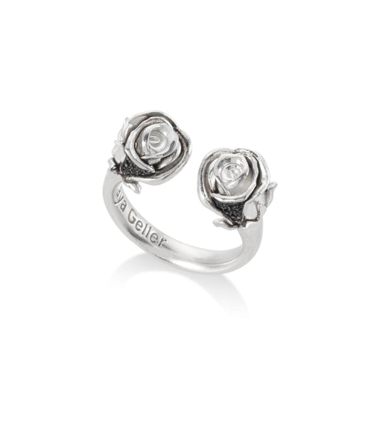 open silver roses ring with black stones