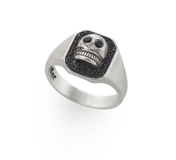 silver small skull signet ring with black stones