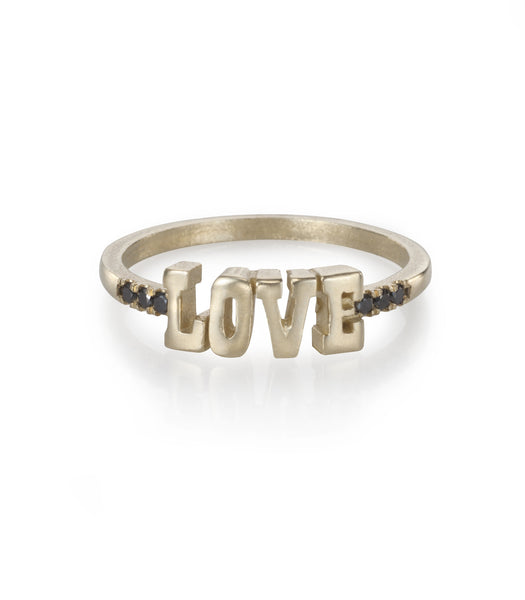 14k gold LOVE ring with black diamonds
