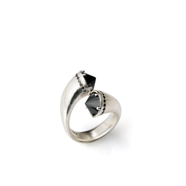 Open silver ring with black stones and small black stones