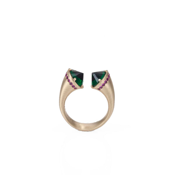 14k gold open ring with emerald and rubies
