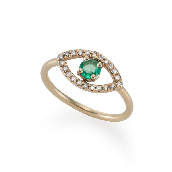 14k gold EYE ring with diamonds and emerald
