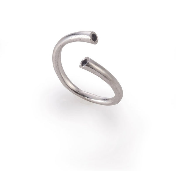 Silver open ring with small black stones