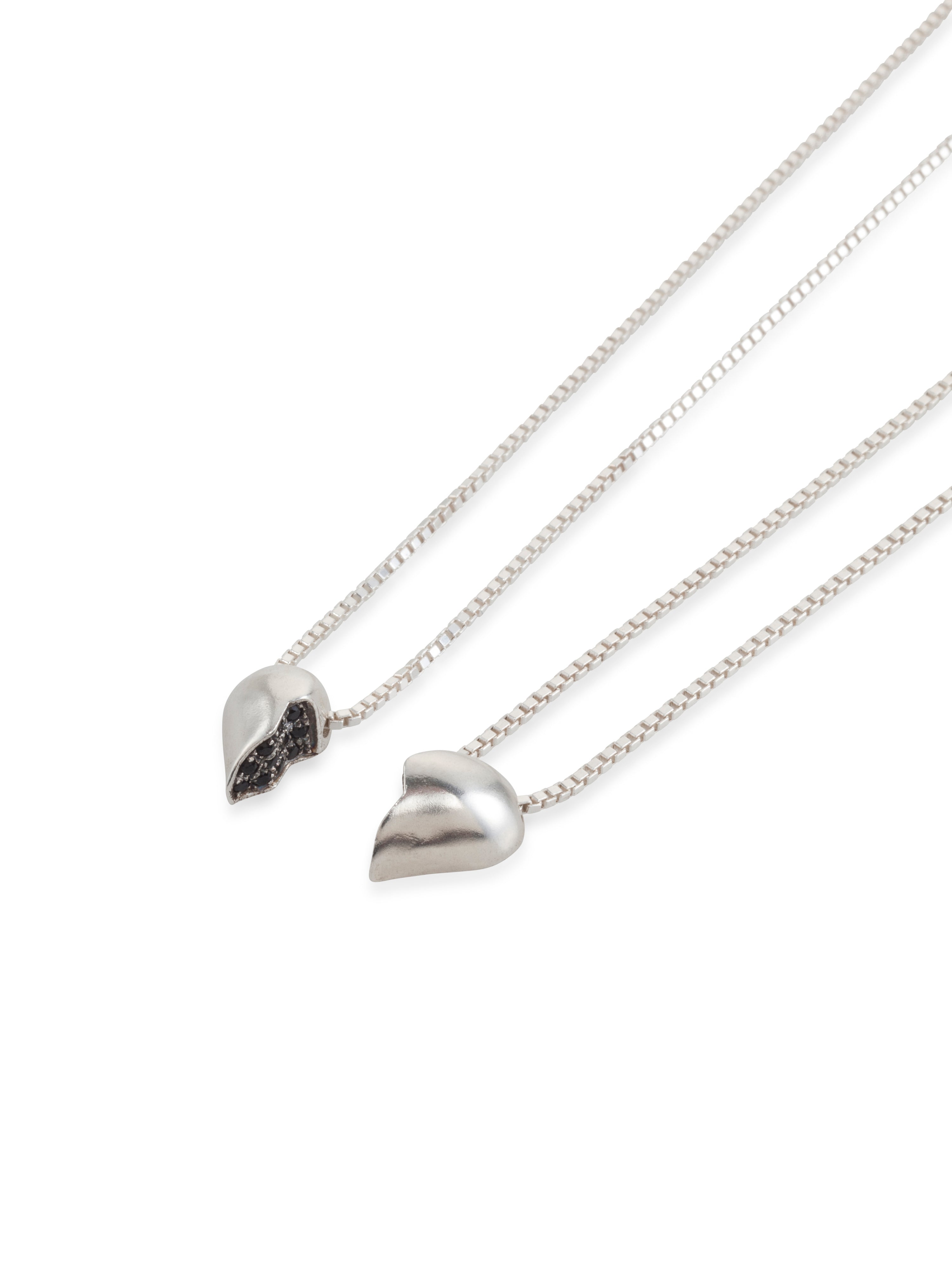 silver half small heart necklace with black stones