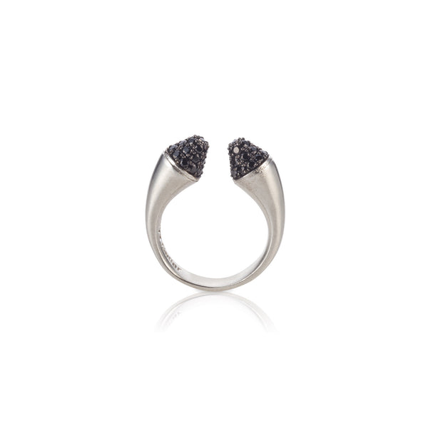 Open silver ring with black stones set ox