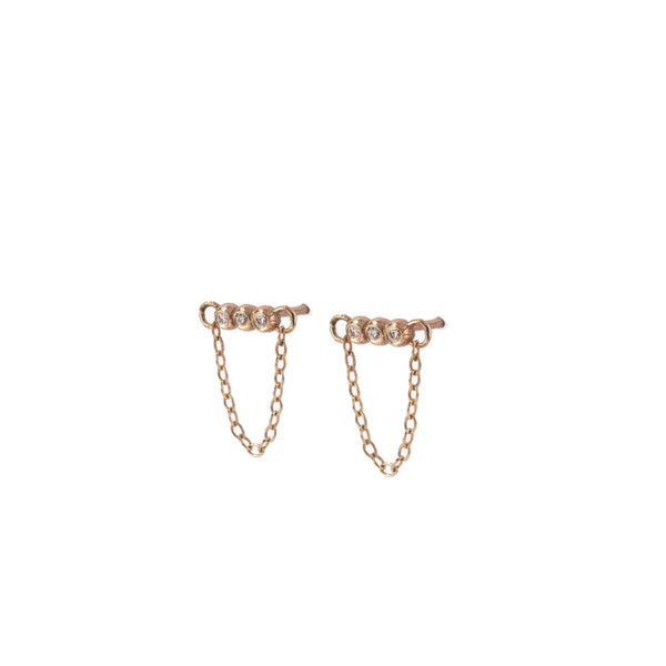 14k gold stud earrings with 3 diamonds and chain